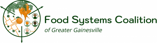 The logo for the Food Systems Coalition of Greater Gainesville, depicting carrots, a food system, and a social network