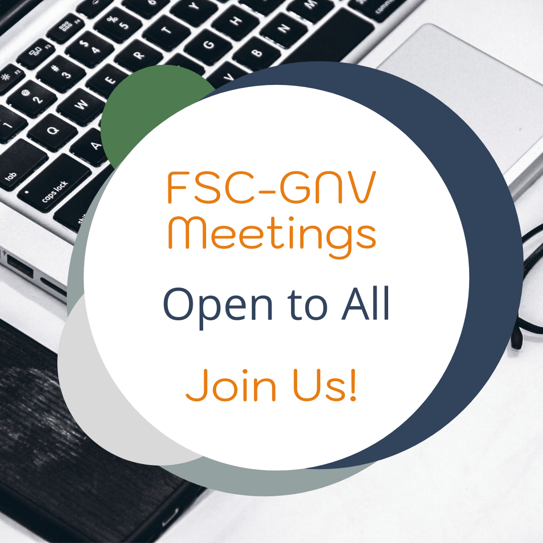 A flyer for the FSC-GNV monthly meetings, which are open to anyone
