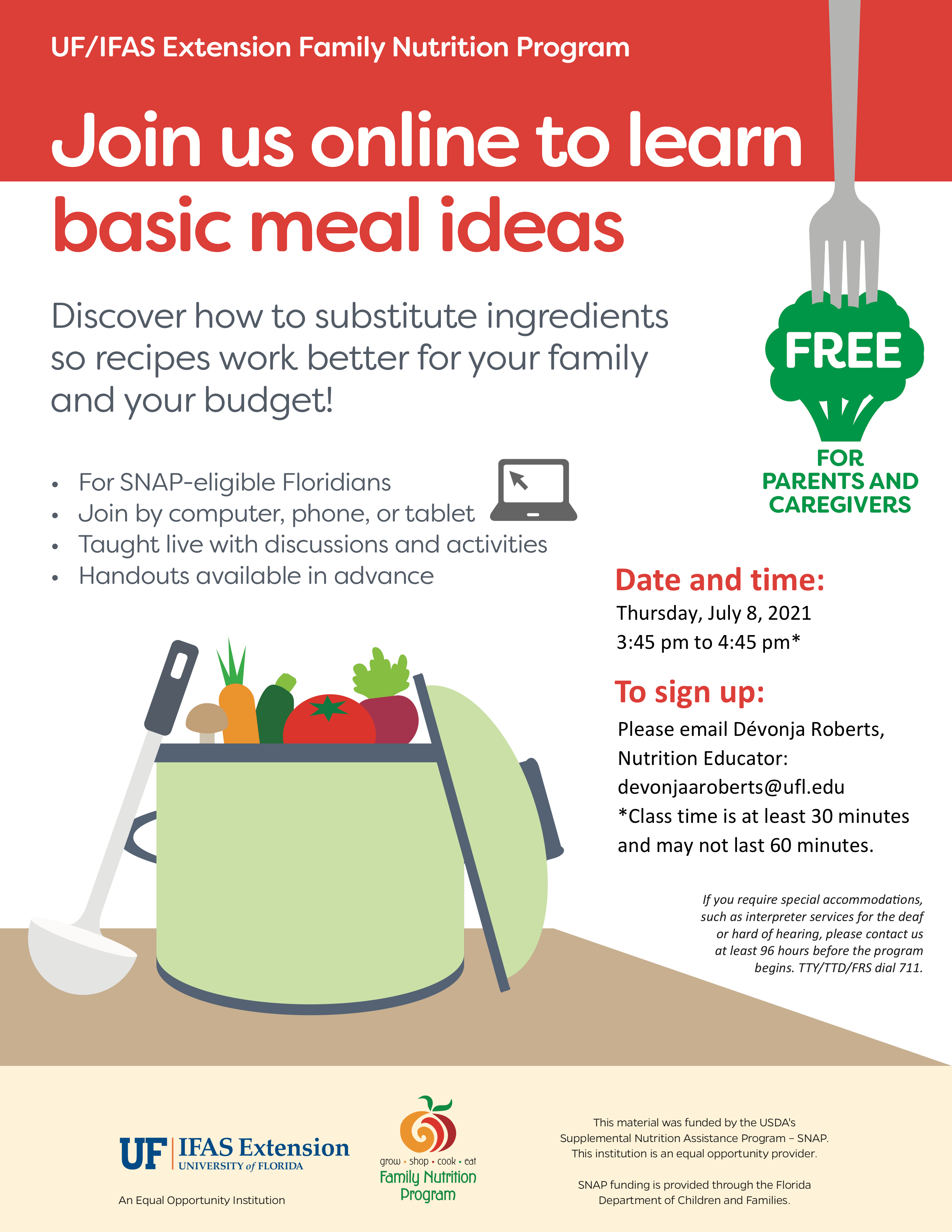 A flyer for a free online session to learn basic meal ideas
