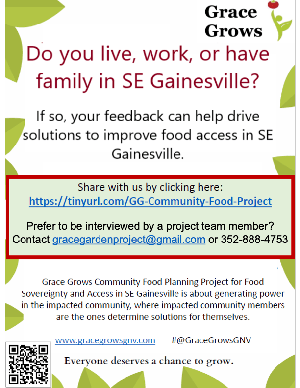 The flyer for a community food planning project in Southeast Gainesville