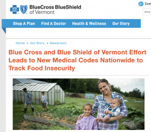A screenshot of the news post about new medical codes for food insecurity from the Vermont Blue Cross Blue Shield Website